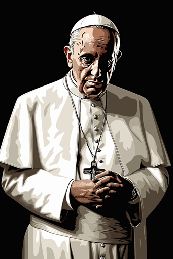 pope francis, wearing a white stylish trendy suit jacket, black background, 80s comic style vector poster,