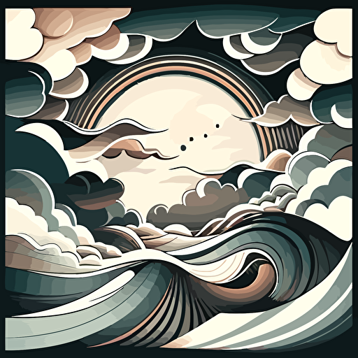 wavy smoky clouds, one point perspective, horizon, illustration vector