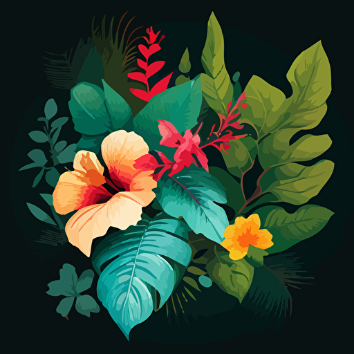 tropical leaves and hibiscous flowers digital art vectorial style