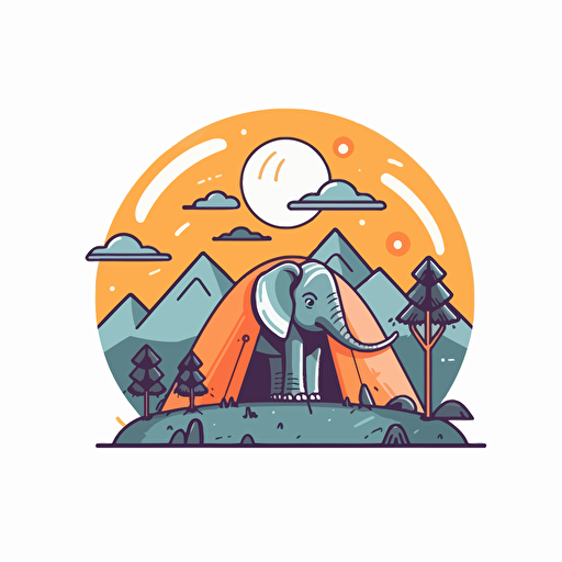Elephant, Camping in the Mountains, Adventurous, Natural Lighting, Comic vector illustration style, flat design, minimalist logo, minimalist icon, flat icon, adobe illustrator, cute, Simple