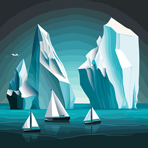 four icebergs in a row of different sizes followed by boat at the right end, in the ocean, vector image
