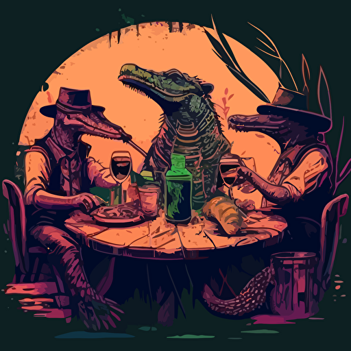 Alligators drinking whiskey at a table, boho style, vector image graffiti style
