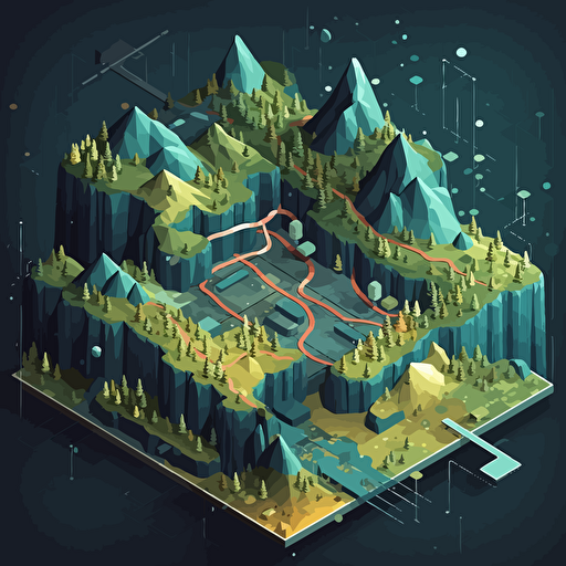 visualize data connection map as geometric overlap, isometric, vector shapes, nature terrain theme, magical