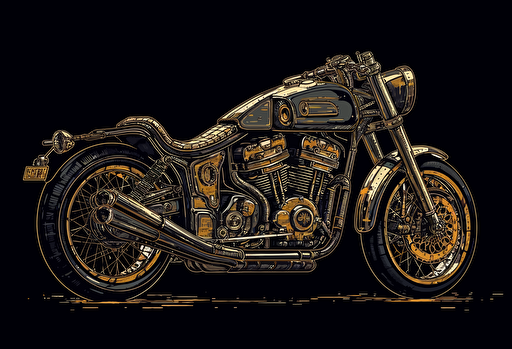 simple vector art of a motorcycle with a long stroke engine is on display, in the style of gold leaf accents, award winning, zuckerpunk, dark brown and silver, unpolished, midwest gothic, rollei prego 90