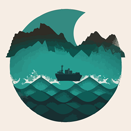 Shape: wave, mountain, container ship silhouette, circle Color: deep teal, light sky blue, brown Font: sans Symbols Layout: negative space, simplicity Texture: container ship silhouette Overall style: simplicity, minimalism, 2-color, crashing waves logo vector outline, curves, circle shapes, modern feel