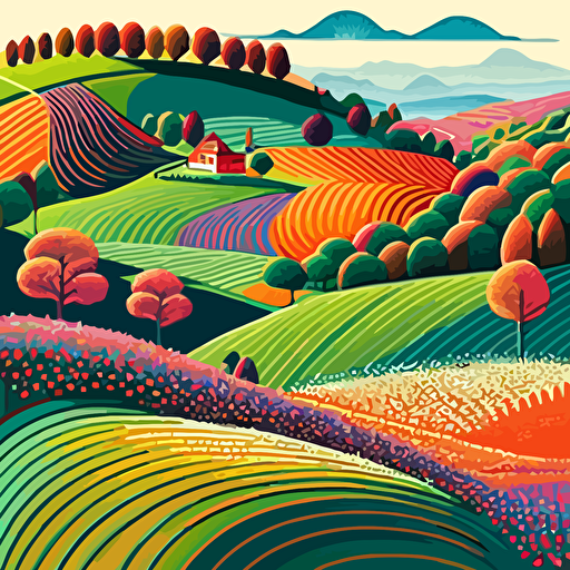vector field visitation, pointillism, rolling hills, farms, art forms, colorful curves, edogawa ranpo, multi layered color felds urtra fine details