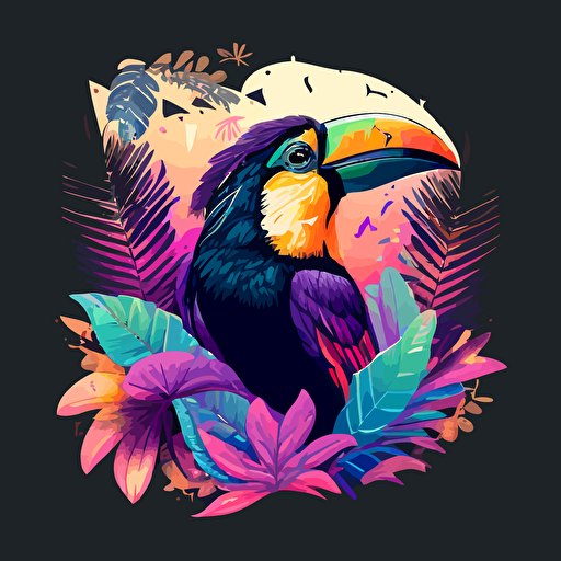 frontpage vector illustration::toucan next to raven::vaporwave colors, colorful, no background color