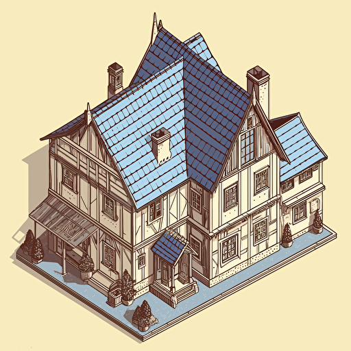 an isometric drawing of an Alsatian house, blueprint architecture, fineline, line, flat design, vector,