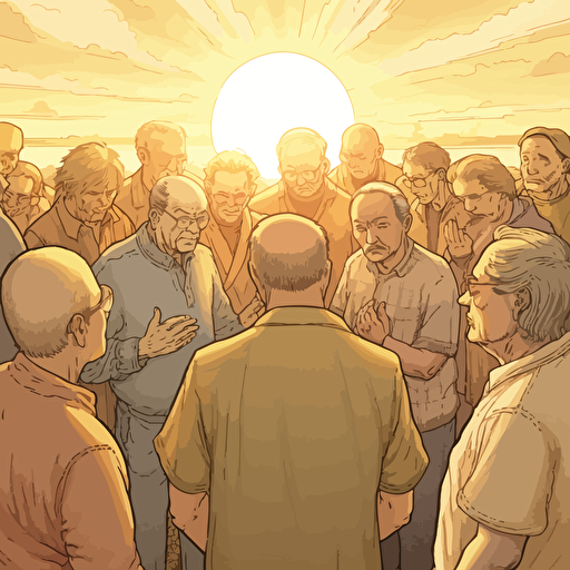 WIDE ANGLE shot. A warm sunny summer day nearing sunset as background, Vector art, softly colored. a small group of elderly modern day Christians have gathered casually to pray, They are huddled together praying with heads bowed and holding each other's hands facing the horizon as an angel spirit hovers above them, one of the guys has a bald head.