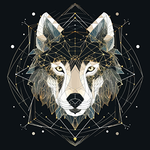 Wolf in sacred geometry, Banksy style, black background, large closed shapes, fantasy roboter, white space to fill, abstract, artistic, pen outline, white background, very simple, full field of view, centre, minimalistic logo vector art , simple flat vector logo
