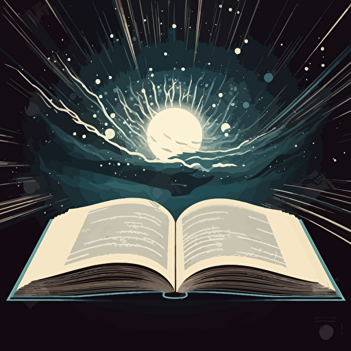 an open book with a universe coming out of the pages, vector, art