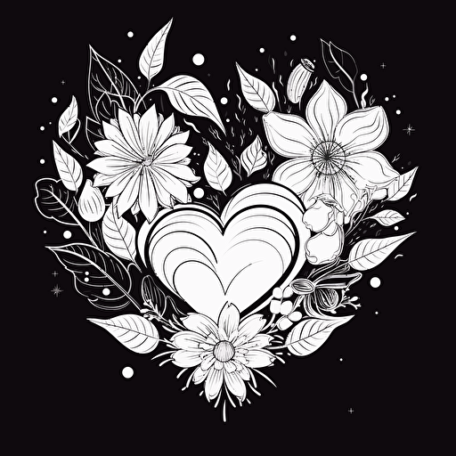 vector line draw black and white flower and heart hyper simple clean