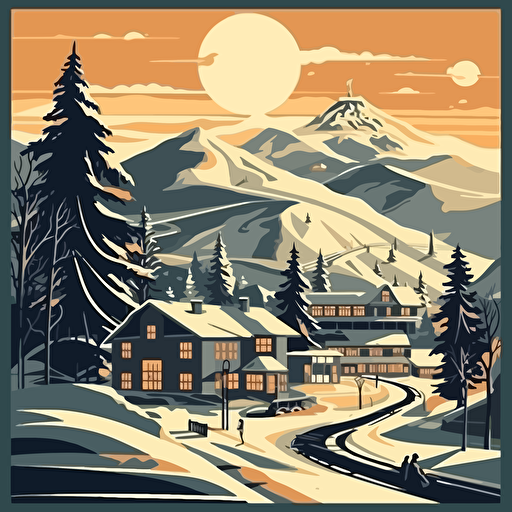 wonderful mountain vista, winter ski area, vector style, 50's retro illustration