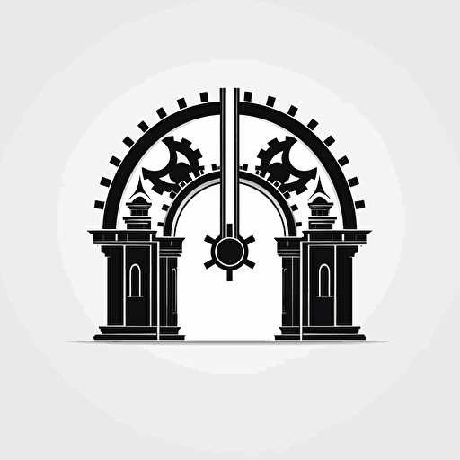 create a logo with a gear in the middle and two gates surrounding it, mirror images of each other, simple, vector, black and white