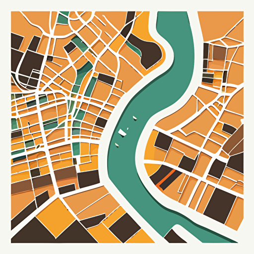 flat 2d vector map of a city with a river in the middle , two colors, white backgrund