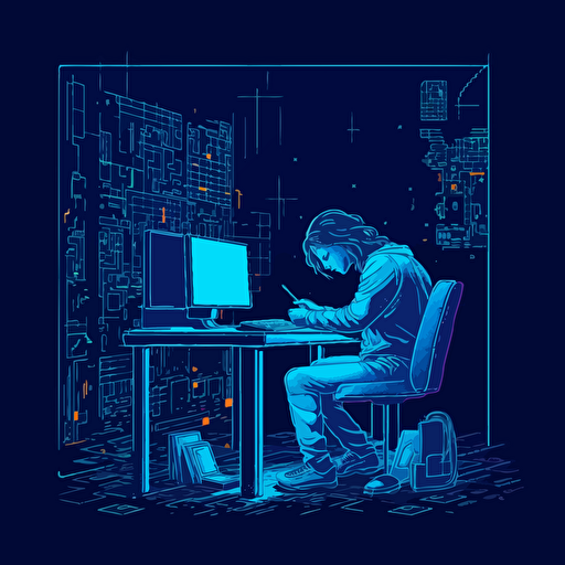 A person writing on a desk，neon,abstract, kingdom pixel art style, strong contrast, vector, blue background