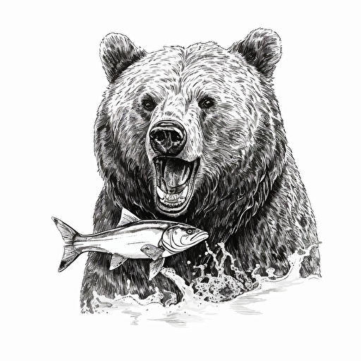 Grizzly bear with a fish in his mouth, close up, black and white illustration, vector style