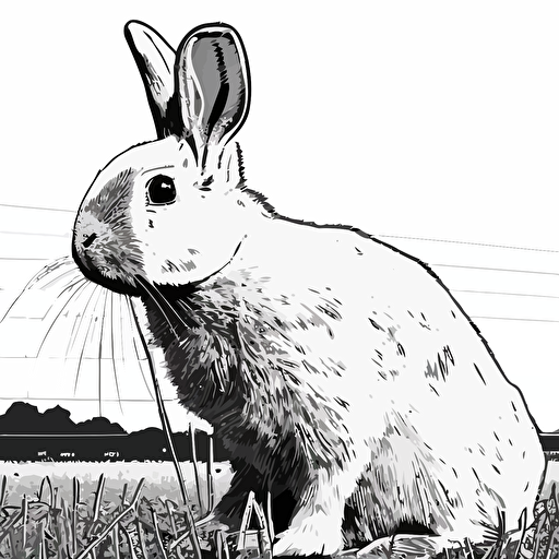 close up of expressive rabbit chewing, on farm, in style of Gabriel Schama, black and white, flat, vector, line drawling, white background ar 1:1