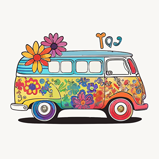 colorful, rainbow doodle style 1960's hippie car with hearts and peace signs and flowers, vector style on a white background