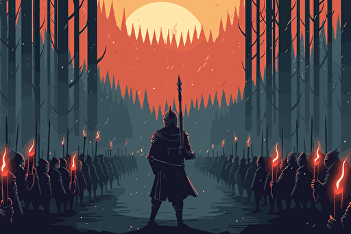 Fantasy retro cover art of medieval troops with torches surround by darkness, close up view of the troops, worried facial expressions, spiderwebs, horror, diablo, gloomy, atmospheric, fog, dark pinetrees, retro 90s box art, vector style, pixel art.