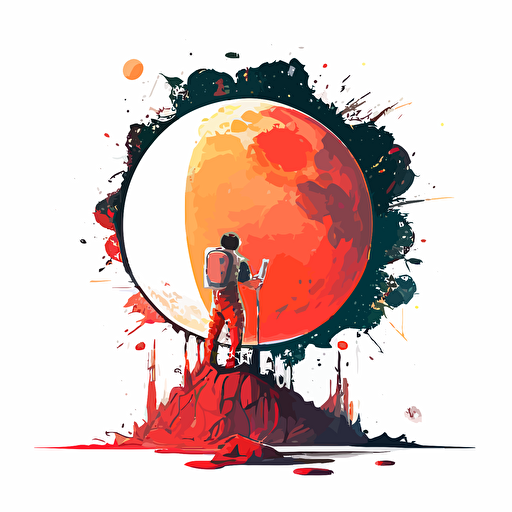 small astronaut painting a human-sized moon, vibrant colors, red moon, white background, illustration style, vector