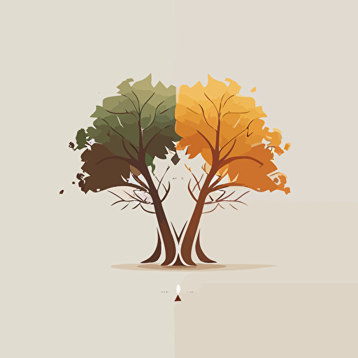 3 color symbol logo of two oak trees side to side, it has to be geometrical, simple, elegant, warm colors, vector.