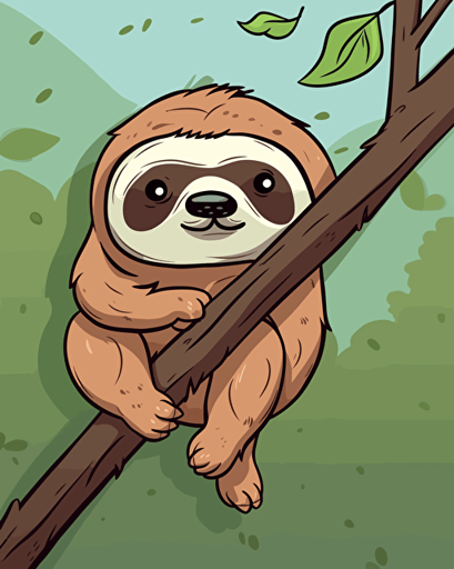 vector illustration sad and cute of a sloth hanging from a tree branch, cartoon style