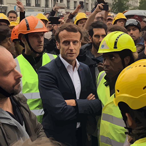french president Macron dressed with a fluo work suit yellow jacket and a worksite helmet, among a mad crowd of protestor, journalistic photo, real life protest, people are actively moving