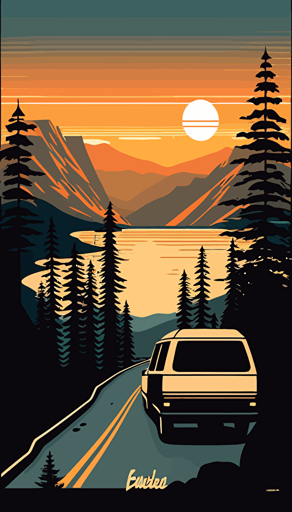 a minimalist vector illustration of Lake Tahoe at sunrise with a highway in the center, a late model modern SUV coming straight towards the view with mountains and nature, and evergreen trees in the background.