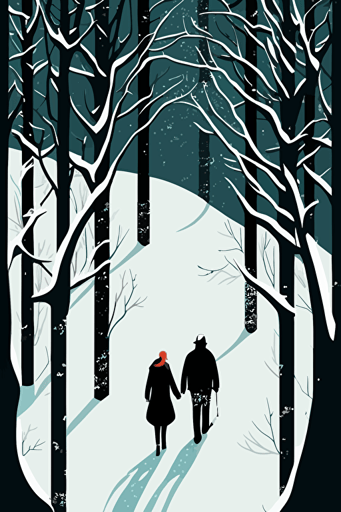 a couple walking into a snow forest, bird's eye view, minimalist, vector art