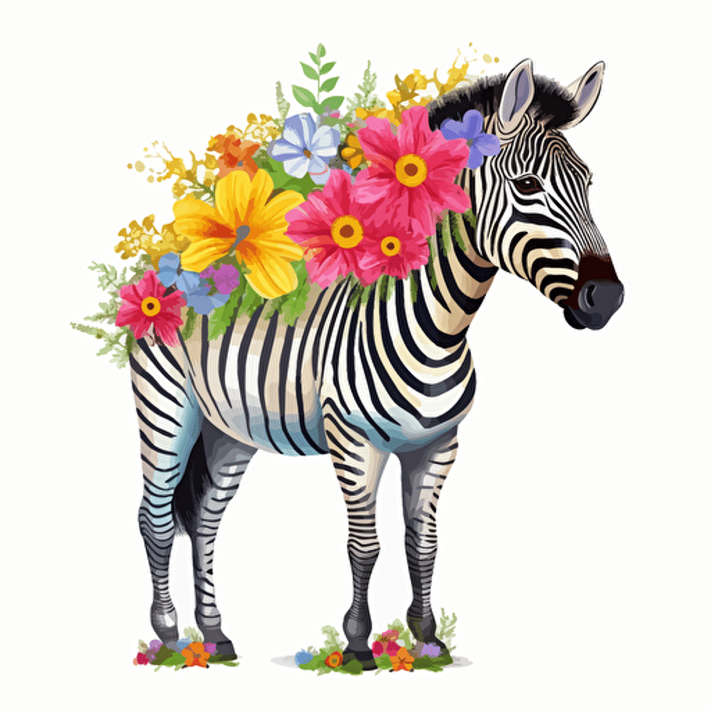 zebra with flowers, detailed, cartoon style, 2d clipart vector, creative and imaginative, hd, white background