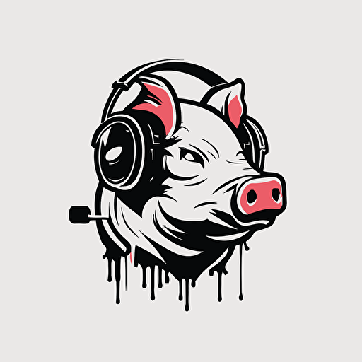 mascot logo of a pig with earphones, esports style, black and white, 2D vector logo, flat, white background,