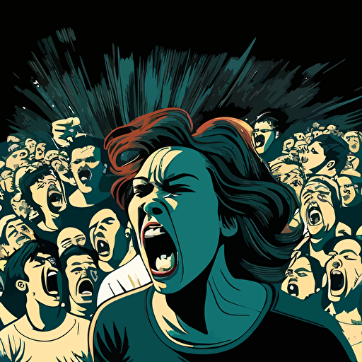 very detailed vector illustration of a screaming, angry crowd