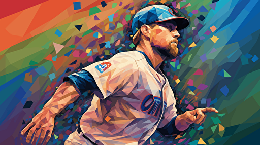 Chicago Cubs player Kerry Wood standing on a pitchers mound. Over his baseball uniform he is wearing a Lab coat and albert einstein hair. cubist painting, Neo-Cubism, layered overlapping geometry, art deco painting, Dribbble, geometric fauvism, layered geometric vector art, maximalism; V-Ray, Unreal Engine 5, angular oil painting, DeviantArt
