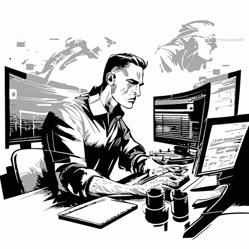 Create a black and white vector art image of a man working furiously at his desk with multiple monitors, depicting the energy and intensity of a high-pressure work environment. Ensure that the image captures the sense of urgency and focus in the man's expression, as well as the complexity and intricacy of the technological tools he is using to complete his tasks. Consider incorporating details such as cables, keyboards, and other office equipment to enhance the realism of the scene. circular art