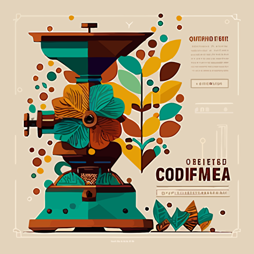 coffee growing illustration, coffee bean, grinder, grower, 2d vectors, geometric, colors inspired by Colombia and coffee culture, coffee growing