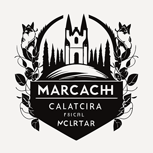 a creative logo for "McCarthy Choral", similar to a crest, with a tiny fox near the bottom, with a large cathedral in the background, with a forest, black and white, white background, flat vector