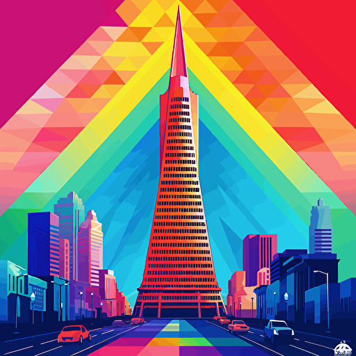 vector art colorful, san francisco transamerica pyramid, 16 colors, blue shadows