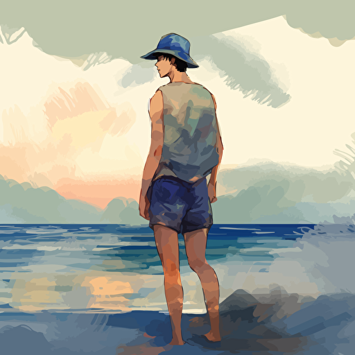 a muscular man 21 years old wearing shorts and a bucket hat, thougtful expression, approaching us along a lonely beach by the sea, summertime, vector:: oilpaints style, watercolors, colored inks style, style of bruce weber, makoto shinkai, robert mapplethorpe, leonid afremov, jojo's bizarre adventure