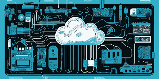 vector minimalistic illustration, networking cloud electronic board IoT internet of things embedded systems, all connected, light blue and black,