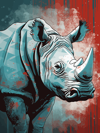 vector art of a rhino, red, white and turquoise lighting, 300 dpi,