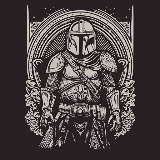 the mandalorian all silver armour, in the style of shepard Fairey, vector art, lino cut style, monochromatic, grain effect,