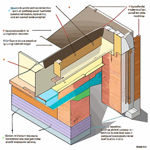 an architectural axonometric vector colored line drawing showing proper saddle flashing details at a beam-to-wall connection