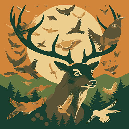 vector poster of hawks circling above a deer, green and tan colors