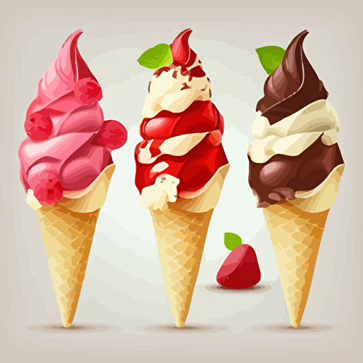 chocolate bar, vanilla, strawberry and raspberry ice cream cones, vector style