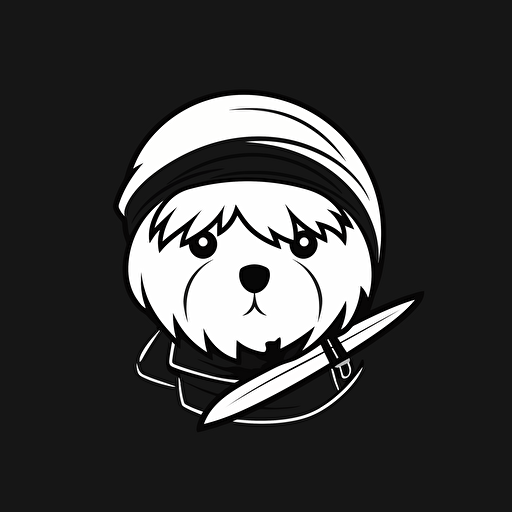 a minimal, black and white vector logo of a Coton de Tulear who is a ninja