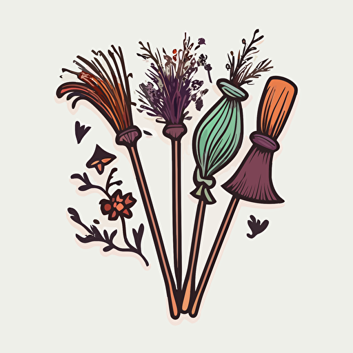 Witch brooms, Sticker, Lovely, Earthy, Graffiti, Contour, Vector, White Background, Detailed