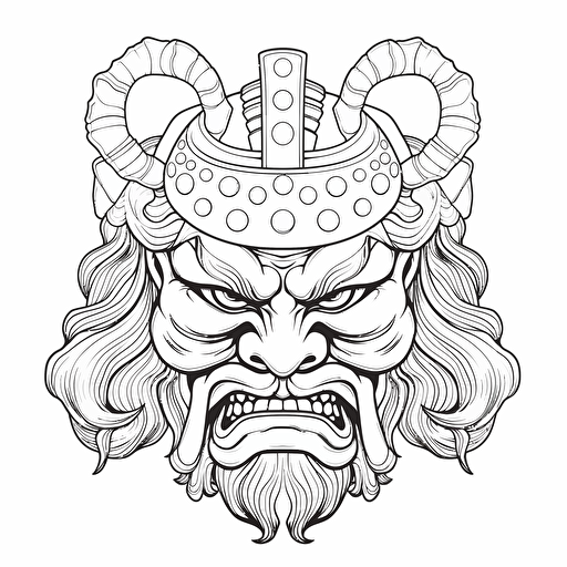 japanese mask samurai ignorant style No Shadow. Cartoon. Coloring page. Vector. Simple.