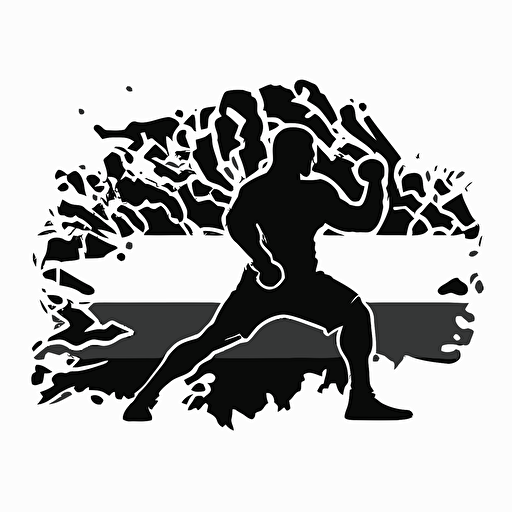 square logo, silhouette of a kickboxing men against a siberian nature, white background, flat image vector