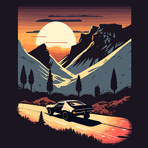 car riding off into the sunset, beautiful, mountains, vector, snow
